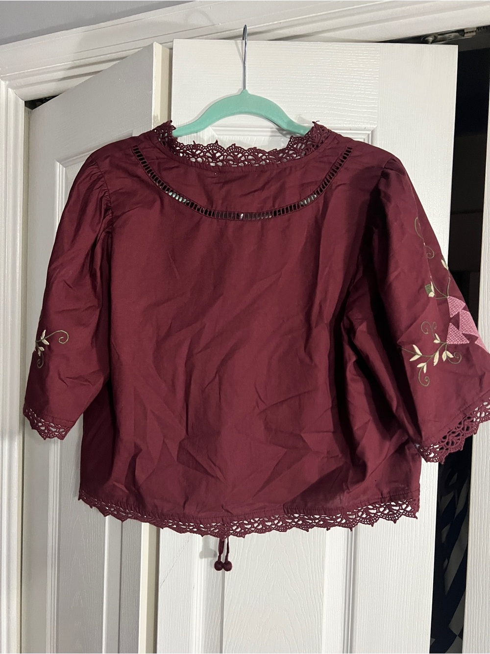 Embroidered Burgundy Women's Blouse with Lace Trim - Picture 9 of 10